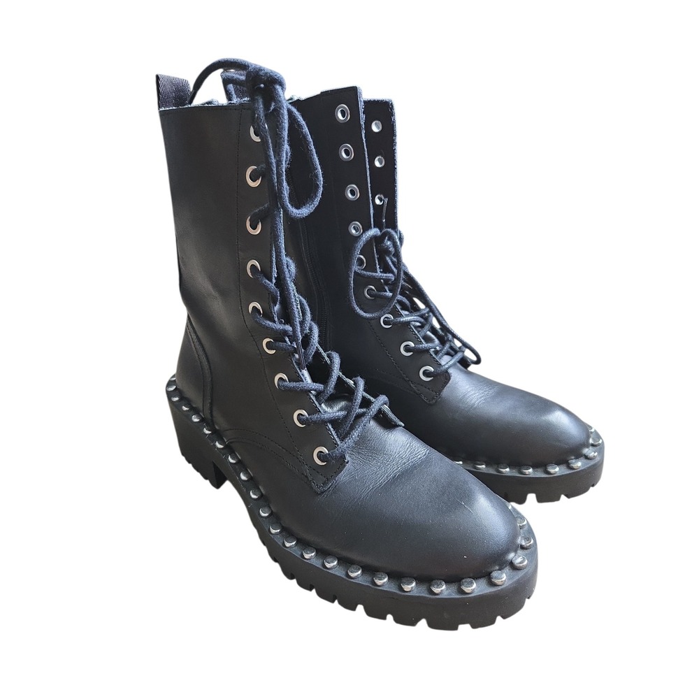 Zara Black‎ Leather Studded Combat Boots Lug Sole Side Zip 3133/610/040 Size 38